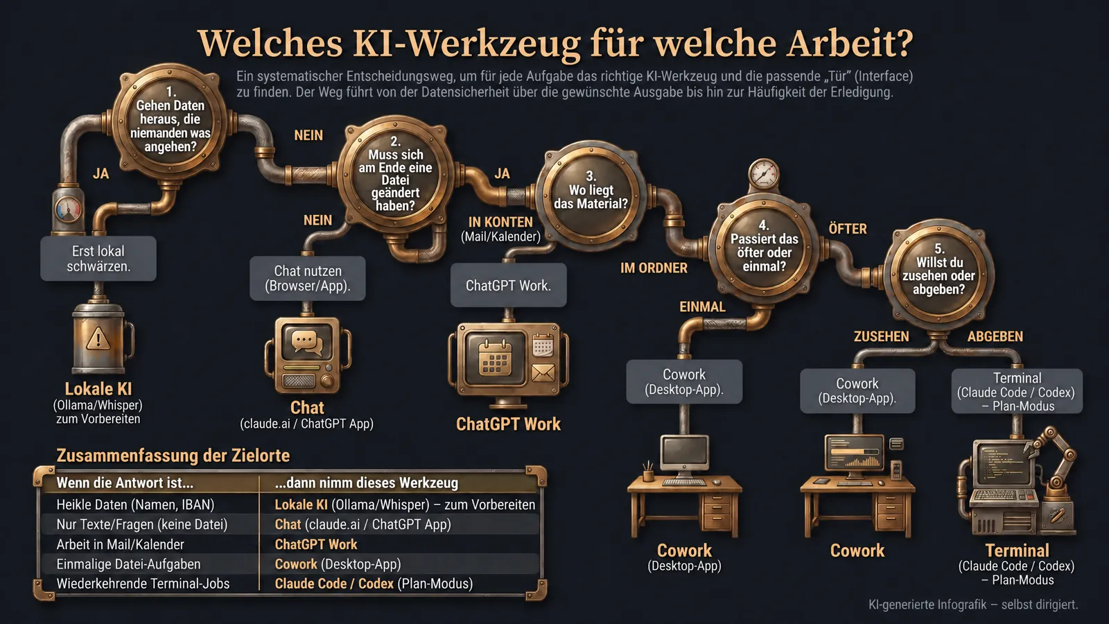 Die fünf Fragen als Rohrleitung. Frage 1, gehen heikle Daten raus:
              ja führt zur lokalen KI zum Schwärzen, nein weiter. Frage 2, muss sich
              eine Datei ändern: nein führt zum Chat, ja weiter. Frage 3, wo liegt
              das Material: in Konten führt zu ChatGPT Work, im Ordner weiter.
              Frage 4, öfter oder einmal: einmal führt zu Cowork, öfter weiter.
              Frage 5, zusehen oder abgeben: zusehen führt zu Cowork, abgeben ins
              Terminal mit Plan-Modus.